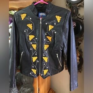 Tribe America Black Leather Motorcycle Jacket with Yellow “Flower” Inset Detail